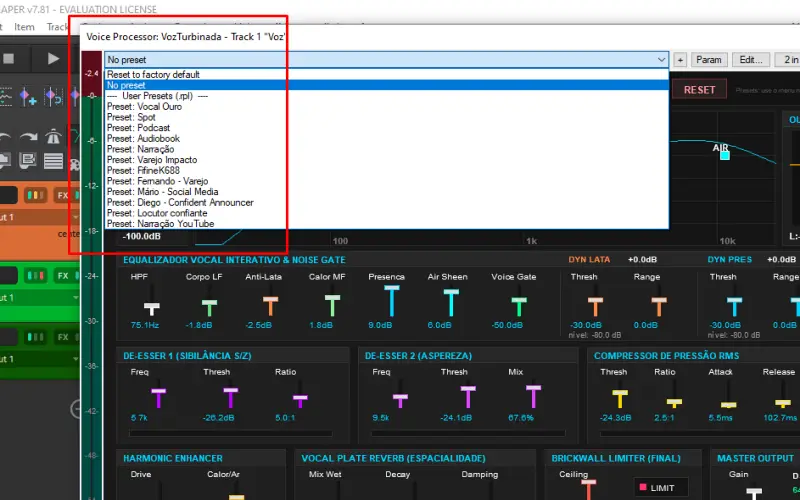 Pack Voz Turbinada Pro organizado para produção de voz no REAPER